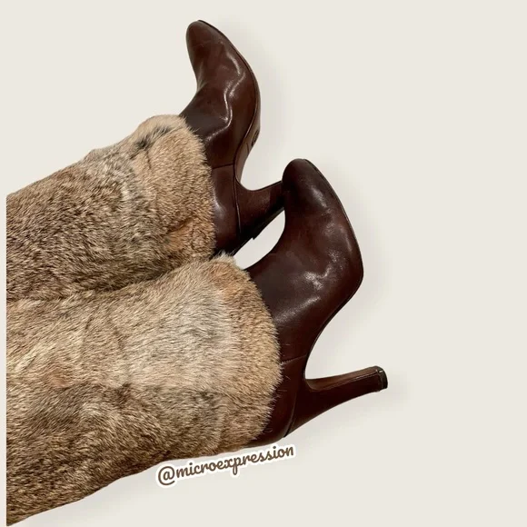 $699 RARE Frye Ava Rabbit Fur Vintage Luxury Brown Leather Stiletto Heel Boot - Picture 7 of 10